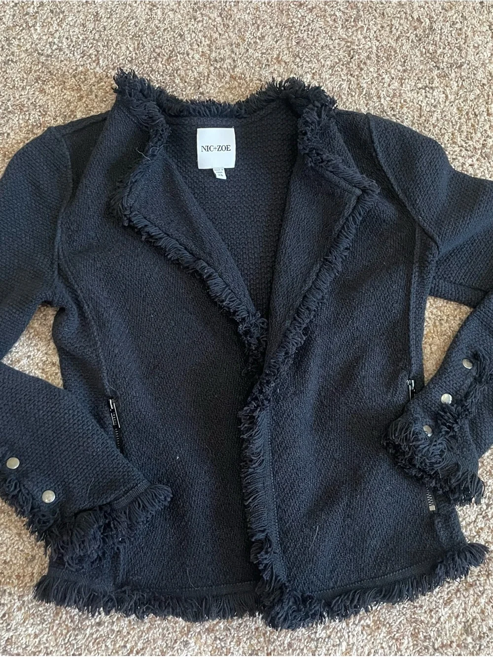 NIC+ZOE Black Fringed Knit Blazer Jacket